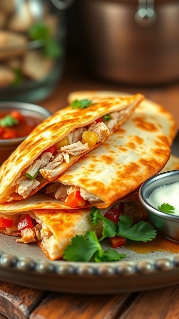 Loaded chicken quesadilla with cheese and vegetables, served with sour cream and salsa on a rustic plate.
